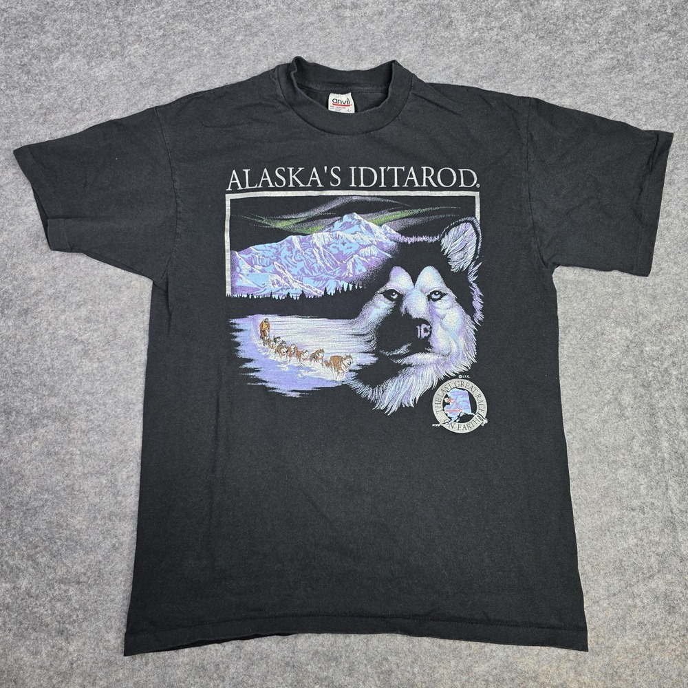 Vintage Alaska Iditarod‎ Shirt Mens Medium Black Wolf Sled Dog Anvil USA 90s